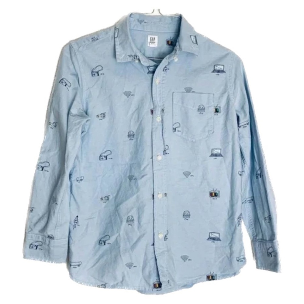 GAP Kids Big Boys Allover Tech Graphics Chambray Button Down Shirt Size 10 L